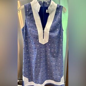 Eliza J Navy Blue and White Striped/Dot Print Linen Dress